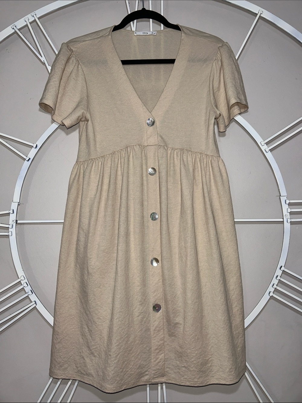 MNG Linen-Blend V-Neck Short Sleeve Mini Dress in Cream